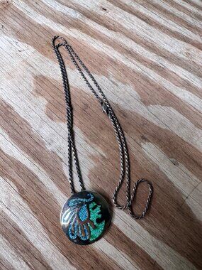 Taxco 925 Sterling Silver Turquoise Malachite Inlay Pendant Brooch Necklace